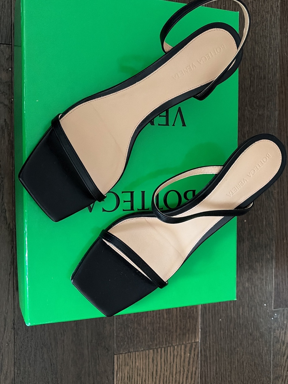 Bottega Veneta Black Leather Square-Toe Slingback Heels with Gold Knot Heel - Picture 6 of 6